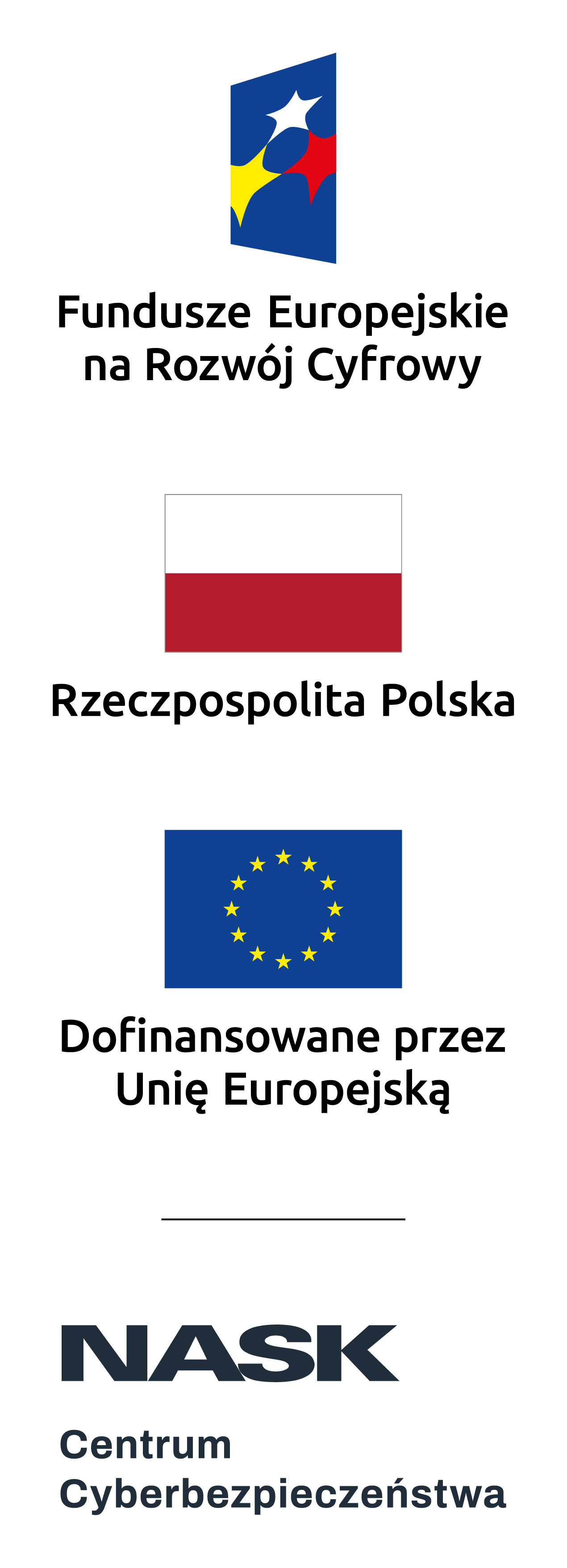 Logotypy projektowe: Fundusze Europejskie na Rozwój Cyfrowy, Rzeczpospolita Polska, Dofinansowane przez Unię Europejską, NASK